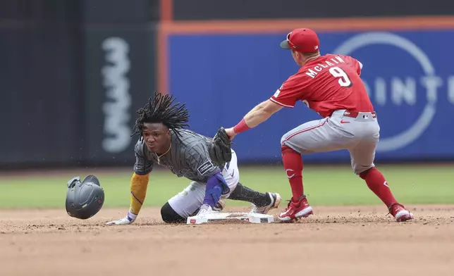 New York Mets' Luisangel Acuña slides safely to second base past Cincinnati Reds second baseman Matt McLain (9) in the fifth inning of a baseball game, Sunday, July 20, 2025, in New York. (AP Photo/Heather Khalifa)
