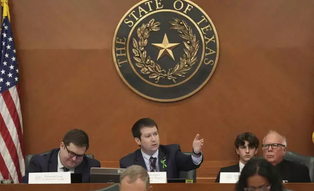 Texas state Rep. Cody Thane Vasut, center, oversees a hearing on redistricting at the Texas Capitol, Thursday, July 24, 2025, in Austin, Texas. (AP Photo/Eric Gay)