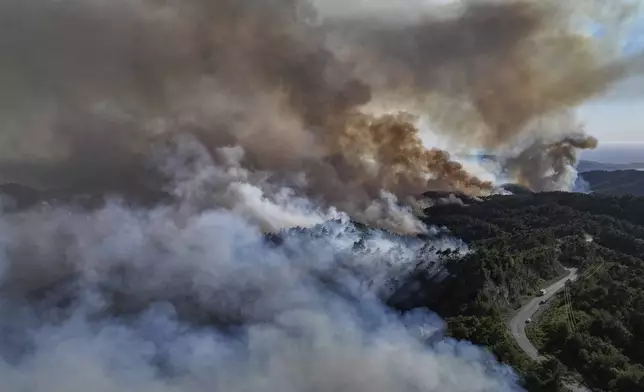Smoke rises into the sky during a wildfire in the town of Rabia, Syria, in the Latakia countryside, on Saturday, July 5, 2025. (AP Photo/Ghaith Alsayed)