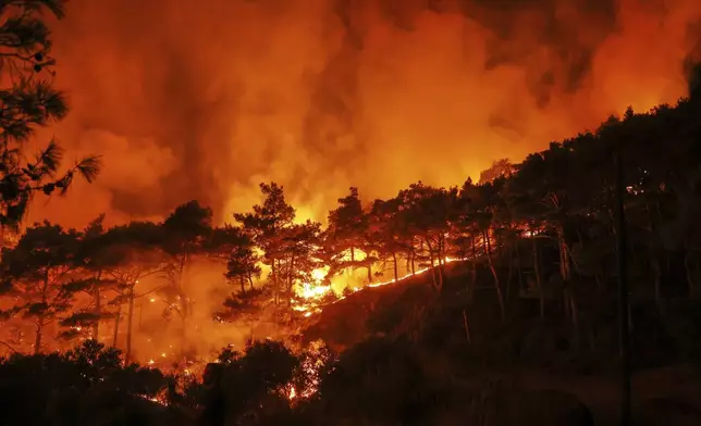 Smoke rises into the sky during a wildfirenear the town of Rabia, Syria, in the Latakia countryside, late Sunday, July 6, 2025. (AP Photo/Ghaith Alsayed)