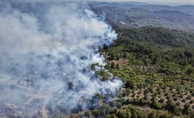 Smoke rises into the sky on the fifth consecutive day of a wildfire near the town of Rabia, in Syria's Latakia countryside, Monday, July 7, 2025. (AP Photo/Ghaith Alsayed)
