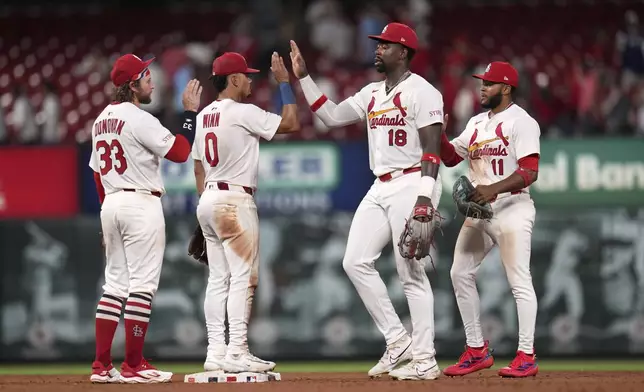 Members of the St. Louis Cardinals, Brendan Donovan (33), Masyn Winn (0), Jordan Walker (18) and Victor Scott II (11) celebrate a victory over the Miami Marlins following a baseball game Monday, July 28, 2025, in St. Louis. (AP Photo/Jeff Roberson)