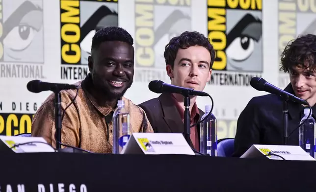 Babou Ceesay, from left, Alex Lawther, and Samuel Blenkin attend a panel for "Alien: Earth" during Comic-Con International on Friday, July 25, 2025, in San Diego. (Photo by Richard Shotwell/Invision/AP)