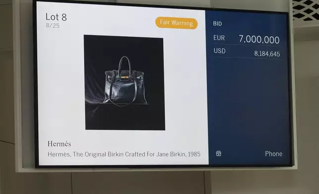 An electronic board shows the bid after the original Birkin bag created by Hermès for Jane Birkin was sold at auction for 7 million euros or $8.2 million, Thursday, July 10, 2025 in Paris. (AP Photo/Michel Euler)