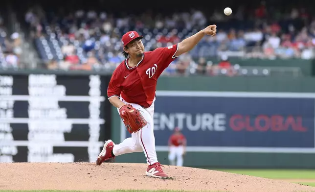 Washington Nationals starting pitcher Shinnosuke Ogasawara throws during the first inning of a baseball game against the Boston Red Sox, Sunday, July 6, 2025, in Washington. (AP Photo/Nick Wass)
