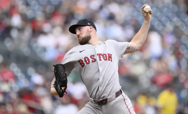 Boston Red Sox starting pitcher Garrett Crochet throws during the third inning of a baseball game against the Washington Nationals, Sunday, July 6, 2025, in Washington. (AP Photo/Nick Wass)
