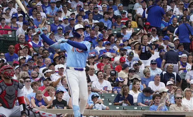 Chicago Cubs' Pete Crow-Armstrong hits a home run against the St. Louis Cardinals during the third inning of a baseball game Friday, July 4, 2025, in Chicago. (AP Photo/David Banks)
