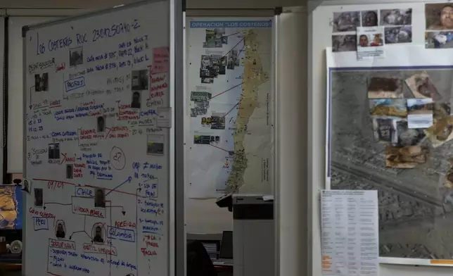 Organizational charts outlining suspects and links are displayed at the office of a prosecutor investigating the Tren de Aragua gang, in Arica, Chile, Monday, June 9, 2025. (AP Photo/Esteban Felix)