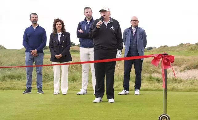 President Donald Trump speaks during the opening ceremony for the Trump International Golf Links golf course, near Aberdeen, Scotland, Tuesday, July 29, 2025. (AP Photo/Jacquelyn Martin)
