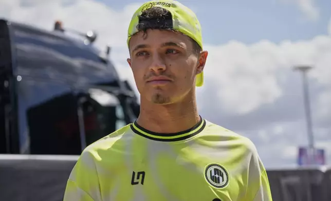 McLaren driver Lando Norris of Britain arrives at the Silverstone racetrack, ahead of the British Formula One Grand Prix, in Silverstone, England, Thursday, July 3, 2025. (AP Photo/Darko Bandic)