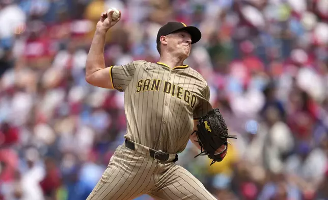 San Diego Padres' Nick Pivetta pitches during the second inning in the first baseball game of a doubleheader against the Philadelphia Phillies Wednesday, July 2, 2025, in Philadelphia. (AP Photo/Matt Slocum)