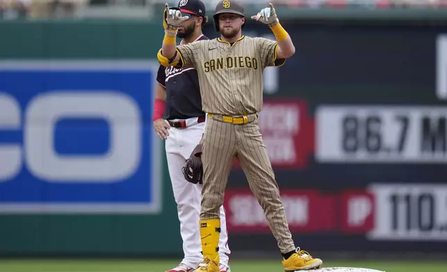 San Diego Padres' Jake Cronenworth celebrates after hitting an RBI-double against the Washington Nationals during the first inning of a baseball game at Nationals Park, Sunday, July 20, 2025, in Washington. (AP Photo/Jess Rapfogel)