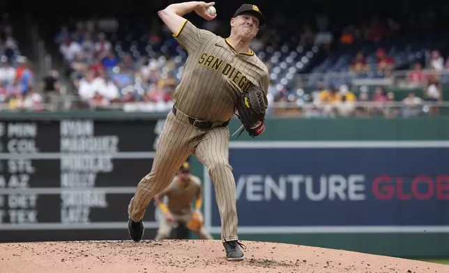 San Diego Padres starting pitcher Nick Pivetta throws to the Washington Nationals during the first inning of a baseball game at Nationals Park, Sunday, July 20, 2025, in Washington. (AP Photo/Jess Rapfogel)