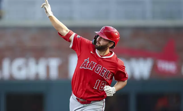 Los Angeles Angels' Nolan Schanuel (18) reacts after hitting a two-run home run in the second inning of a baseball game against the Atlanta Braves, Thursday, July 3, 2025, in Atlanta. (AP Photo/Colin Hubbard)
