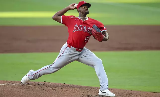 Los Angeles Angels pitcher José Soriano delivers in the first inning of a baseball game against the Atlanta Braves, Thursday, July 3, 2025, in Atlanta. (AP Photo/Colin Hubbard)