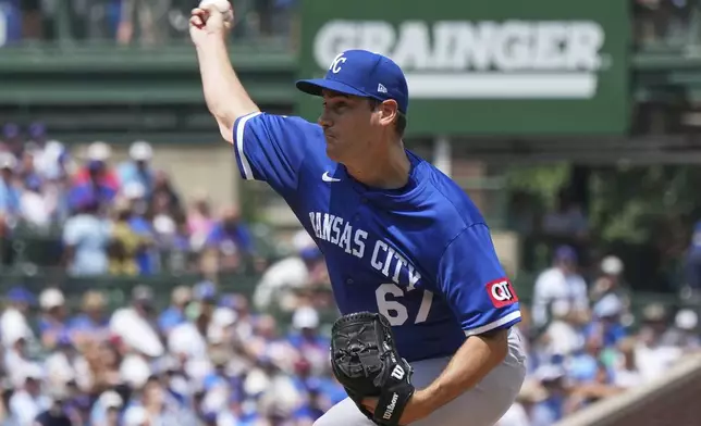 Kansas City Royals starting pitcher Seth Lugo throws against the Chicago Cubs during the first inning of a baseball game in Chicago, Wednesday, July 23, 2025. (AP Photo/Nam Y. Huh)