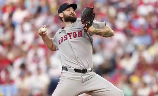 Boston Red Sox's Lucas Giolito pitches during the second inning of a baseball game against the Philadelphia Phillies Wednesday, July 23, 2025, in Philadelphia. (AP Photo/Matt Slocum)