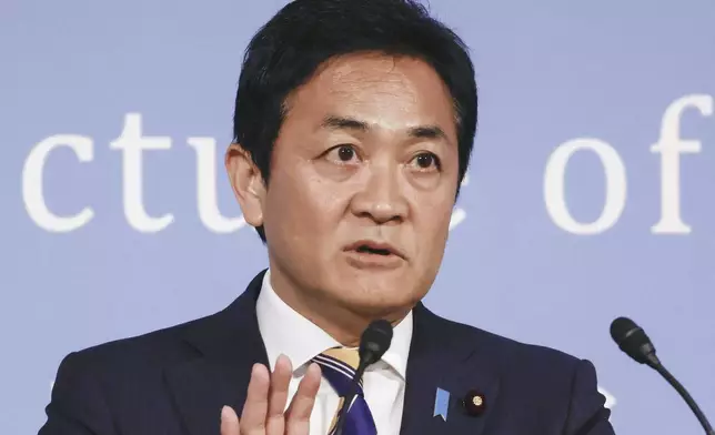 Yuichiro Tamaki, leader of Democratic Party for the People, speaks during a convention held by Reiwa Rincho in Tokyo, June 29, 2025.(Kyodo News via AP)