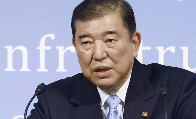 Japan's Prime Minister and president of the Liberal Democratic Party (LDP) Shigeru Ishiba speaks during a convention held by Reiwa Rincho group in Tokyo, June 29, 2025.(Kyodo News via AP)