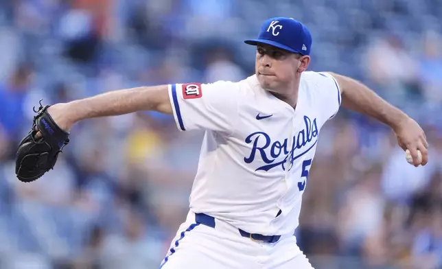 Kansas City Royals starting pitcher Kris Bubic throws during the first inning of a baseball game against the Pittsburgh Pirates, Wednesday, July 9, 2025, in Kansas City, Mo. (AP Photo/Charlie Riedel)
