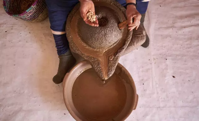 A woman pours argan nuts to extract oil at a cooperative in Essaouira, Morocco, Thursday, May 22, 2025. (AP Photo/Mosa'ab Elshamy)