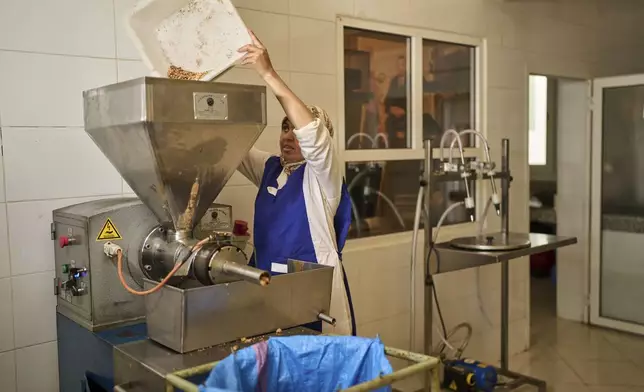 A woman pours argan seeds in a machine that extracts oil, at at a cooperative in Essaouira, Morocco, Thursday, May 22, 2025. (AP Photo/Mosa'ab Elshamy)