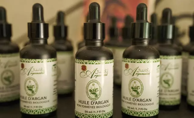 Argan based products are displayed for sale at a cooperative that extracts and produces argan oil, in Essaouira, Morocco, Thursday, May 22, 2025. (AP Photo/Mosa'ab Elshamy)