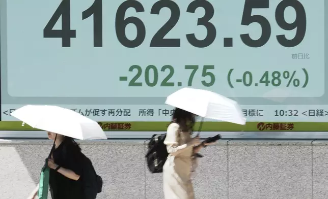 People walk in front of an electronic stock board showing Japan's Nikkei index at a securities firm Friday, July 25, 2025, in Tokyo. (AP Photo/Eugene Hoshiko)
