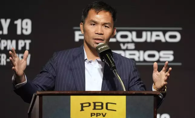 Manny Pacquiao speaks during a news conference Wednesday, July 16, 2025, in Las Vegas. (AP Photo/John Locher)