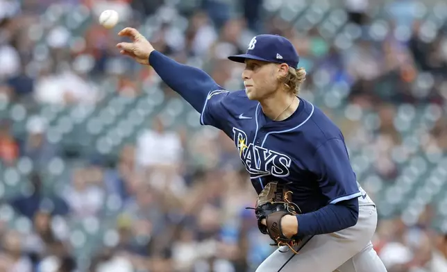 Tampa Bay Rays' Shane Baz pitches against the Detroit Tigers during the first inning of a baseball game Monday, July 7, 2025, in Detroit. (AP Photo/Duane Burleson)