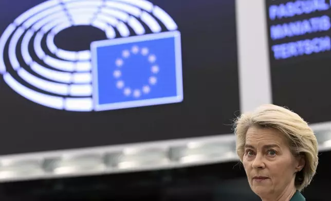 European Commission president Ursula von der Leyen delivers her speech during a statement on the preparation for the EU–China Summit, Tuesday, July 8, 2025 at the European Parliament in Strasbourg, eastern France. (AP Photo/Pascal Bastien)