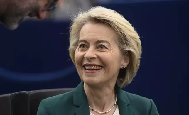 European Commission president Ursula von der Leyen smiles before delivering a speech on the preparation for the EU–China Summit, Tuesday, July 8, 2025 at the European Parliament in Strasbourg, eastern France. (AP Photo/Pascal Bastien)