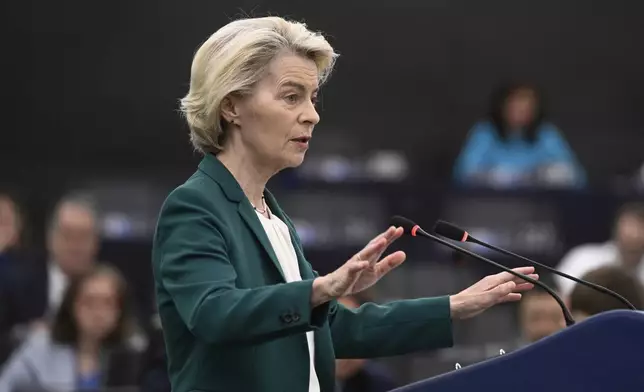 European Commission president Ursula von der Leyen delivers her speech during a statement on the preparation for the EU–China Summit, Tuesday, July 8, 2025 at the European Parliament in Strasbourg, eastern France. (AP Photo/Pascal Bastien)