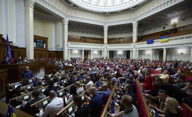 Ukrainian lawmakers vote for a new bill proposed by President Volodymyr Zelenskyy to restore the independence of the country's anti-corruption agencies, at the parliament session hall in Kyiv, Ukraine, Thursday, July 31, 2025. (AP Photo/Vadym Sarakhan)