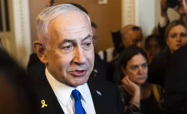 Israeli Prime Minister Benjamin Netanyahu, speaks to reporters before a meeting with lawmakers at the Capitol in Washington, Wednesday, July 9, 2025. (AP Photo/Manuel Balce Ceneta)