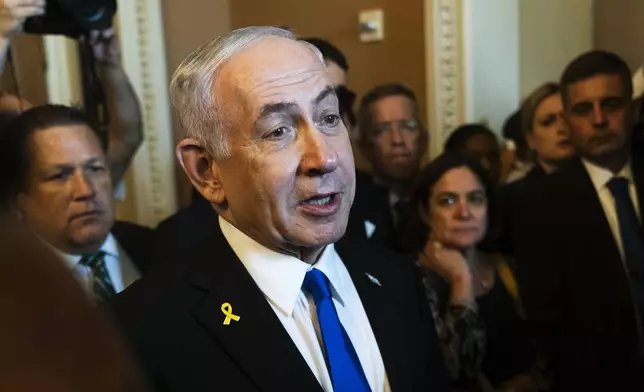 Israeli Prime Minister Benjamin Netanyahu, speaks to reporters before a meeting with lawmakers at the Capitol in Washington, Wednesday, July 9, 2025. (AP Photo/Manuel Balce Ceneta)