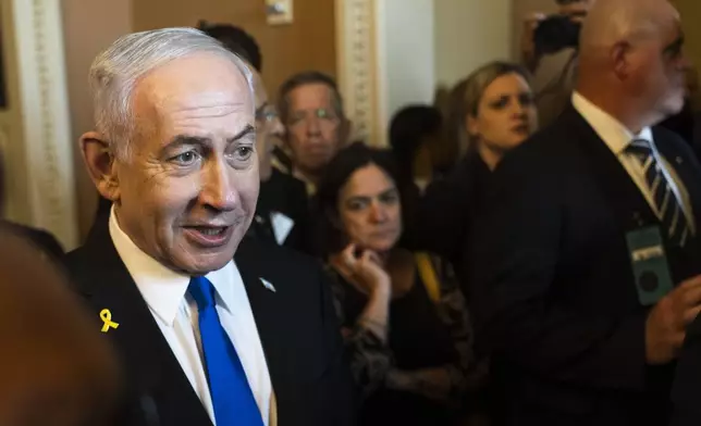 Israeli Prime Minister Benjamin Netanyahu, speaks to reporters before a meeting with lawmakers at the Capitol in Washington, Wednesday, July 9, 2025. (AP Photo/Manuel Balce Ceneta)