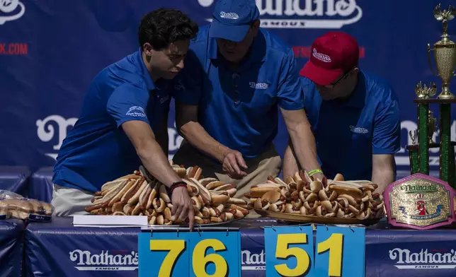 People prepare hot dogs ahead of the 2025 Nathan's Famous Fourth of July hot dog eating contest in the Coney Island section of the Brooklyn borough of New York, Thursday, July 4, 2025. (AP Photo/Yuki Iwamura)
