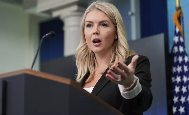 White House press secretary Karoline Leavitt speaks with reporters in the James Brady Press Briefing Room at the White House, Monday, July 7, 2025, in Washington. (AP Photo/Alex Brandon)