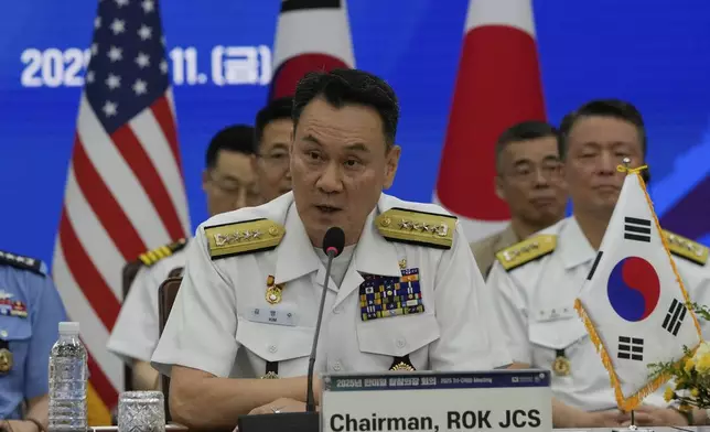 Adm. Kim Myung-soo, chairman of the South Korean Joint Chiefs of Staff, speaks during a Trilateral Chiefs of Defense meeting with Gen, Yoshihide Yoshida, Chief of Staff, Joint Staff of Japan and John Daniel Caine, Chairman of the U.S. Joint Chiefs of Staff (both are not in the picture) at the Defense Ministry in Seoul, South Korea, Friday, July 11, 2025. (AP Photo/Ahn Young-joon, Pool)