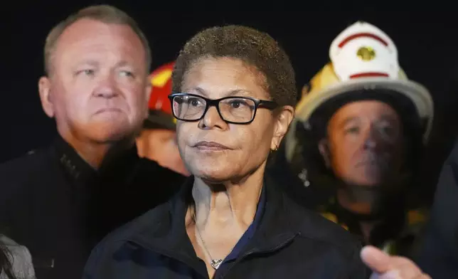 Los Angeles Mayor Karen Bass stands during a press conference after a tunnel collapsed on Wednesday, July 9, 2025, in Los Angeles. (AP Photo/Damian Dovarganes)