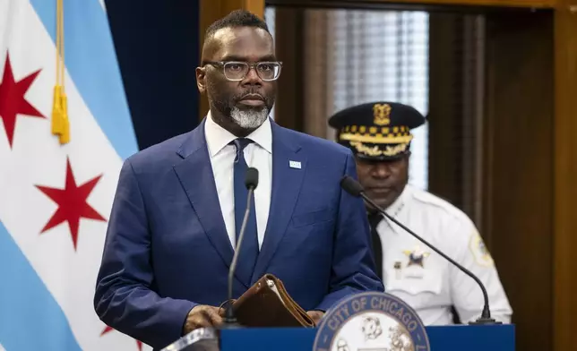 Chicago mayor Brandon Johnson responds to an overnight shooting during a news conference at City Hall in the Loop, Thursday, July 3, 2025. (Ashlee Rezin/Chicago Sun-Times via AP)