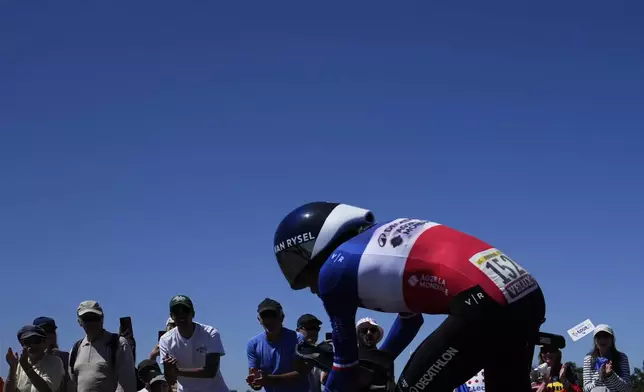 France's Bruno Armirail competes during the fifth stage of the Tour de France cycling race, an indivdual time-trial over 33 kilometers (20.5 miles) with start and finish in Caen, France, Wednesday, July 9, 2025. (AP Photo/Mosa'ab Elshamy)