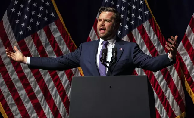 FILE - Vice President JD Vance speaks during the Ohio Republican Party dinner, June 24, 2025, in Lima, Ohio. (AP Photo/Lauren Leigh Bacho, File)