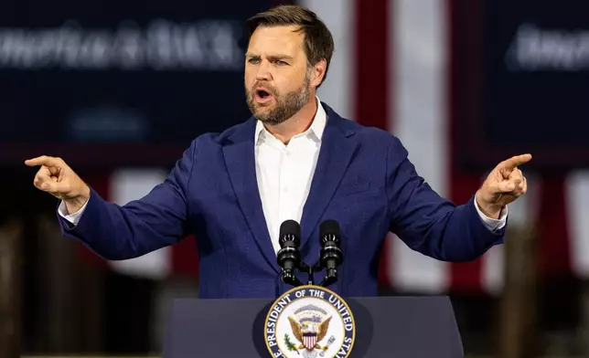 Vice President JD Vance speaks at the Metallus plant, Monday, July 28, 2025, in Canton, Ohio. (AP Photo/Lauren Leigh Bacho)