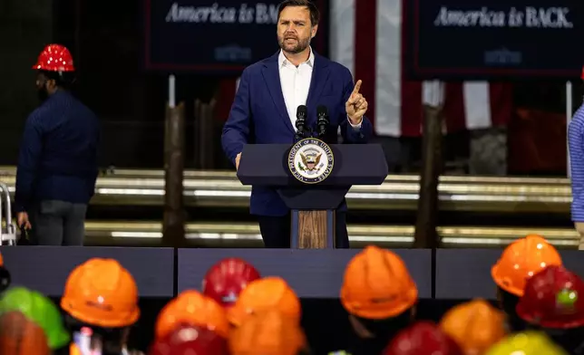 Vice President JD Vance speaks at the Metallus plant, Monday, July 28, 2025, in Canton, Ohio. (AP Photo/Lauren Leigh Bacho)
