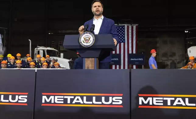 Vice President JD Vance speaks at the Metallus plant in Canton, Ohio, Monday, July 28, 2025. (Maddie McGarvey/The New York Times via AP, Pool)