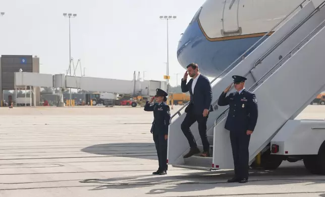 Vice President JD Vance arrives on Air Force Two at the Akron-Canton Airport in Canton, Ohio, Monday, July 28, 2025. (Maddie McGarvey/The New York Times via AP, Pool)
