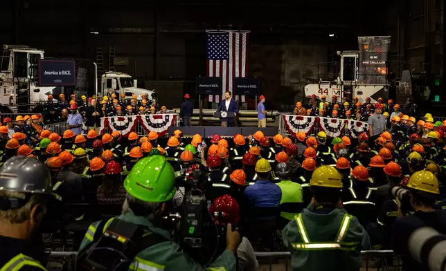 Vice President JD Vance speaks at the Metallus plant, Monday, July 28, 2025, in Canton, Ohio. (AP Photo/Lauren Leigh Bacho)