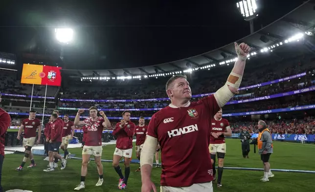 Tadhg Furlong of the British &amp; Irish Lions celebrates after winning the second rugby union test against Australia at the Melbourne Cricket Ground in Melbourne, Australia, Saturday, July 26, 2025. (AP Photo/Asanka Brendon Ratnayake)